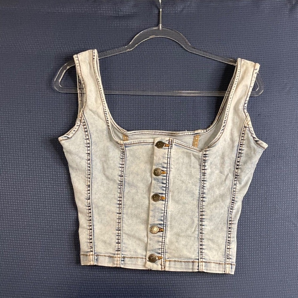 Love Trends Acid Wash Denim Corset Crop Top Light Blue Button Down RN 169283